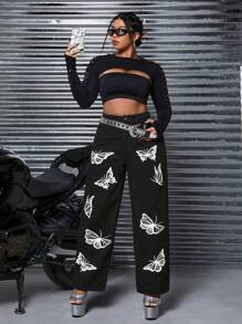 SHEIN ICON 鈕扣 口袋 拉鍊蝴蝶型大碼牛仔褲 - 黑色 - 查看 6