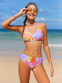 Conjunto de biquíni e macacão com estampa allover para meninas adolescentes verão praia