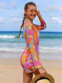 Conjunto de biquíni e macacão com estampa allover para meninas adolescentes verão praia