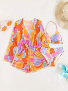 Conjunto de biquíni e macacão com estampa allover para meninas adolescentes verão praia