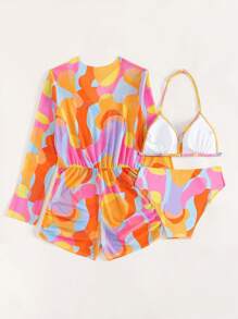 Conjunto de biquíni e macacão com estampa allover para meninas adolescentes verão praia