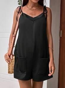 SHEIN Maternity Tie Shoulder Dual Pocket Cami Romper - Black - View 3