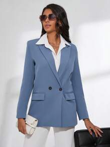 GENKIRA Áo khoác cổ ve kép cài khuy trơn đơn giản - Màu xanh bụi bặm - Xem 3