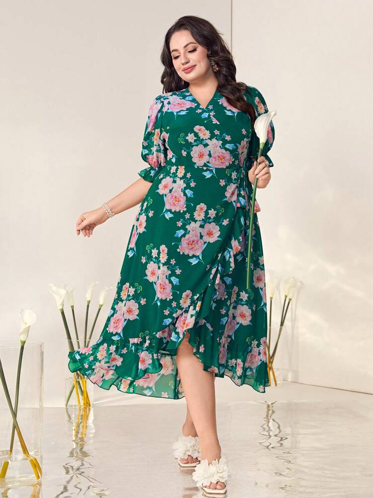 Plus Floral Print Flounce Sleeve Ruffle Trim Wrap Knot Side Dress