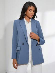 GENKIRA Áo khoác cổ ve kép cài khuy trơn đơn giản - Màu xanh bụi bặm - Xem 6