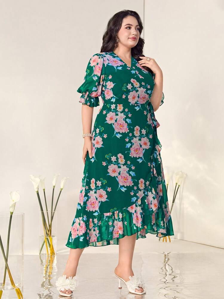 Plus Floral Print Flounce Sleeve Ruffle Trim Wrap Knot Side Dress