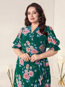 Modelyn Plus Floral Print Flounce Sleeve Ruffle Trim Wrap Knot Side Dress - Green - View 5