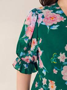 Modelyn Plus Floral Print Flounce Sleeve Ruffle Trim Wrap Knot Side Dress - Green - View 6