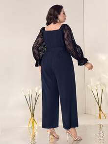 Modelyn Plus Contrast Lace Flounce Sleeve Belted Wide Leg Jumpsuit - Navy Blue - View 3