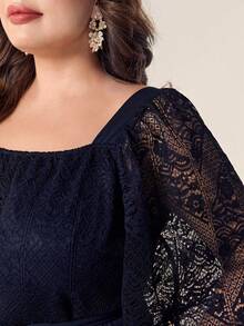 Modelyn Plus Contrast Lace Flounce Sleeve Belted Wide Leg Jumpsuit - Navy Blue - View 4