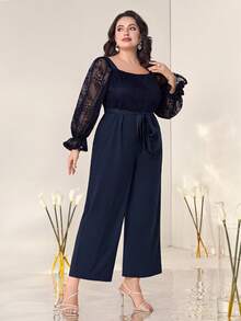 Modelyn Plus Contrast Lace Flounce Sleeve Belted Wide Leg Jumpsuit - Navy Blue - View 2