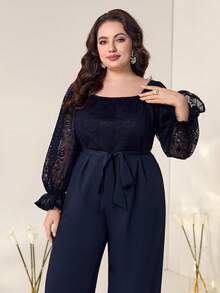 Modelyn Plus Contrast Lace Flounce Sleeve Belted Wide Leg Jumpsuit - Navy Blue - View 6