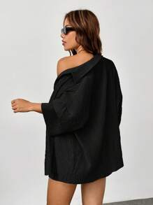 Muchica Solid Crop Tube Top & Shorts & Drop Shoulder Shirt - Black - View 2