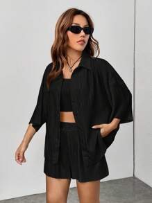 Muchica Solid Crop Tube Top & Shorts & Drop Shoulder Shirt - Black - View 3