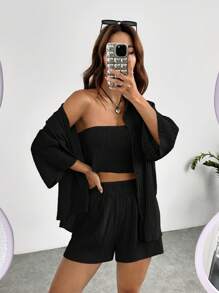 Muchica Solid Crop Tube Top & Shorts & Drop Shoulder Shirt - Black - View 4