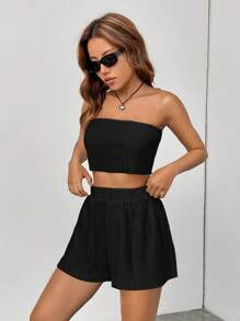 Muchica Solid Crop Tube Top & Shorts & Drop Shoulder Shirt - Black - View 6