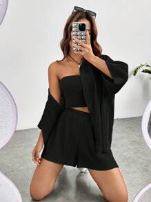 Muchica Solid Crop Tube Top & Shorts & Drop Shoulder Shirt - Black - View 7