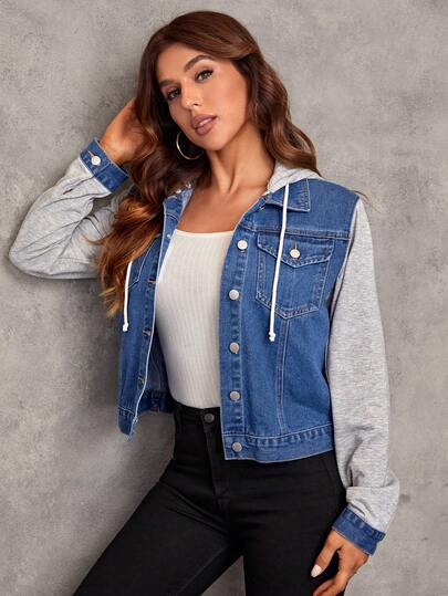 Colorblock Drawstring Hooded Denim Jacket｜Emery Rose