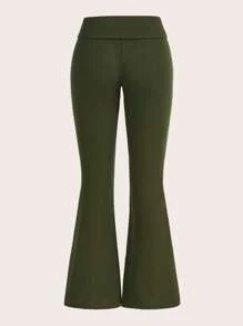 SHEIN EZwear Women'S  Solid Flare Leg Pants With Low Waist Fold-Over Waistband
