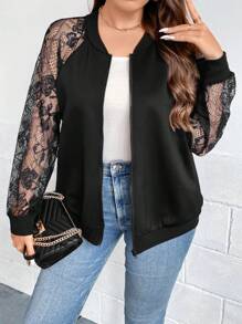 SHEIN Clasi 大碼蕾絲拼接插肩袖飛行員夾克 - 黑色 - 查看 2