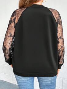 SHEIN Clasi 大碼蕾絲拼接插肩袖飛行員夾克 - 黑色 - 查看 3