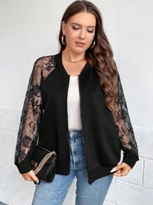 SHEIN Clasi 大碼蕾絲拼接插肩袖飛行員夾克 - 黑色 - 查看 4