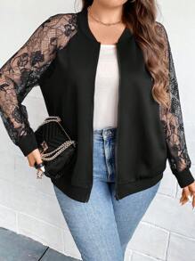 SHEIN Clasi 大碼蕾絲拼接插肩袖飛行員夾克 - 黑色 - 查看 5