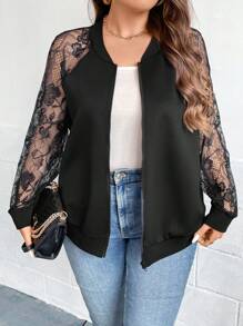 SHEIN Clasi 大碼蕾絲拼接插肩袖飛行員夾克 - 黑色 - 查看 1