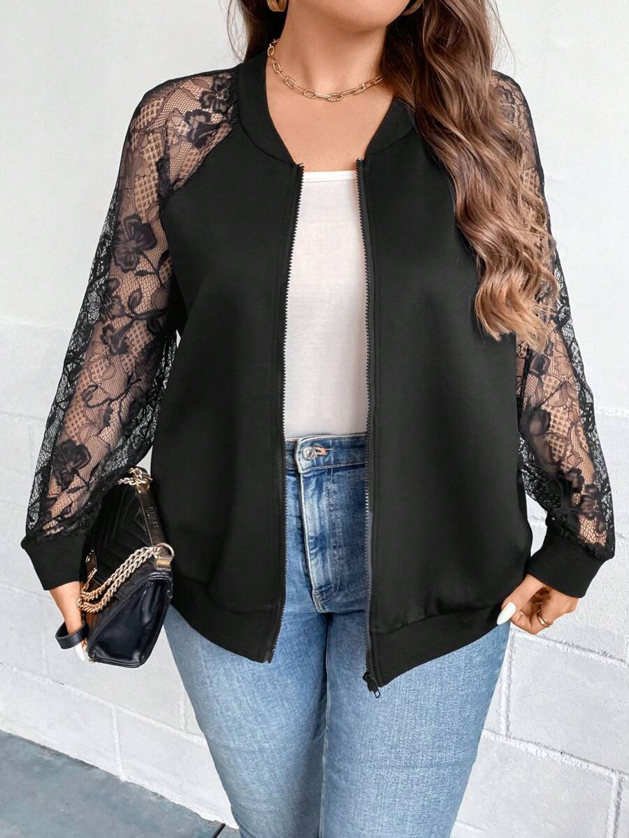 SHEIN Clasi 大碼蕾絲拼接插肩袖飛行員夾克 - 黑色 - 查看 1