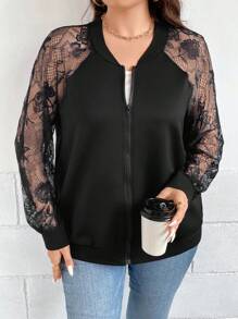 SHEIN Clasi 大碼蕾絲拼接插肩袖飛行員夾克 - 黑色 - 查看 6