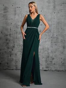 Deep V-Neck Silver Sequin Belted Ruched Chiffon High Slit Dress, Party - Dark Green - View 3