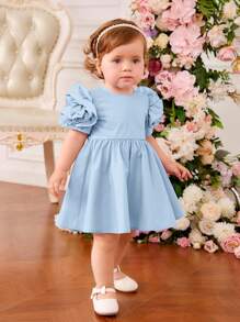 SHEIN Baby Girls' Princess Style Sweet Cute Puff Sleeve Dress With Ruffle Hem - Baby Blue - View 1