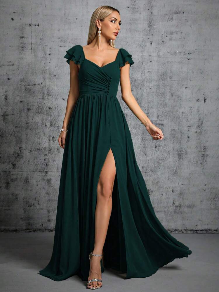 Sweetheart Neck Flare Sleeve Button Front Split Bridesmaid Dress Elegant Dress - Dark Green - View 1