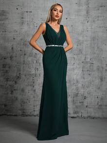Deep V-Neck Silver Sequin Belted Ruched Chiffon High Slit Dress, Party - Dark Green - View 5