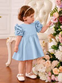 SHEIN Baby Girls' Princess Style Sweet Cute Puff Sleeve Dress With Ruffle Hem - Baby Blue - View 3
