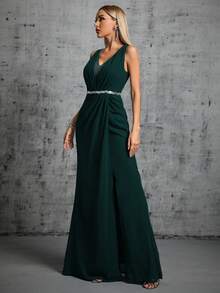 Deep V-Neck Silver Sequin Belted Ruched Chiffon High Slit Dress, Party - Dark Green - View 6