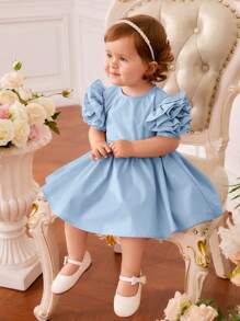 SHEIN Baby Girls' Princess Style Sweet Cute Puff Sleeve Dress With Ruffle Hem - Baby Blue - View 4