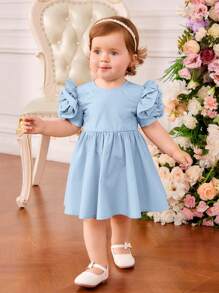 SHEIN Baby Girls' Princess Style Sweet Cute Puff Sleeve Dress With Ruffle Hem - Baby Blue - View 7