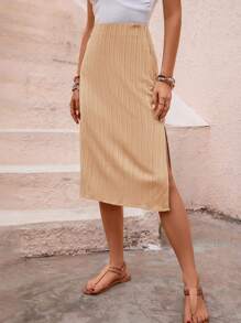 SHEIN Clasi Chất rắn Tách đùi Váy - Màu Khaki - Xem 1
