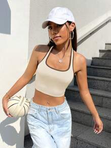 SHEIN EZwear Contrast Binding Crop Halter Top - Khaki - View 3