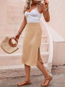 SHEIN Clasi Chất rắn Tách đùi Váy - Màu Khaki - Xem 4