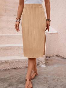 SHEIN Clasi Chất rắn Tách đùi Váy - Màu Khaki - Xem 5