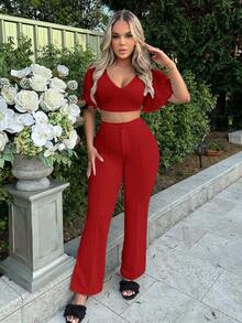 SHEIN SXY 素色喇叭西裝褲 - 紅色 - 查看 4