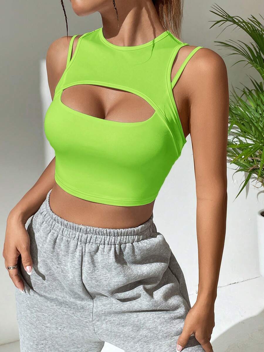SHEIN Coolane Cut Out Front Crop Tank Top - Mint Green - View 1