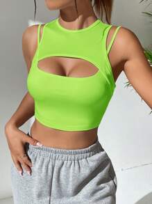 SHEIN Coolane Cut Out Front Crop Tank Top - Mint Green - View 3