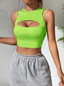 SHEIN Coolane Cut Out Front Crop Tank Top - Mint Green - View 5