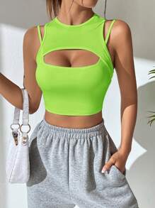 SHEIN Coolane Cut Out Front Crop Tank Top - Mint Green - View 6