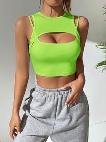 SHEIN Coolane Cut Out Front Crop Tank Top - Mint Green - View 7