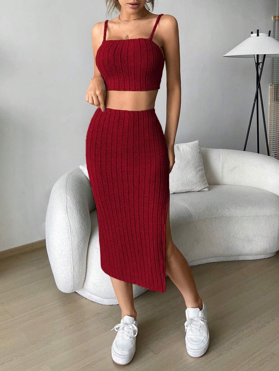 SHEIN EZwear Chất rắn Cami ngọn & Tách đùi Váy - Đỏ - Xem 1