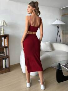 SHEIN EZwear Chất rắn Cami ngọn & Tách đùi Váy - Đỏ - Xem 2